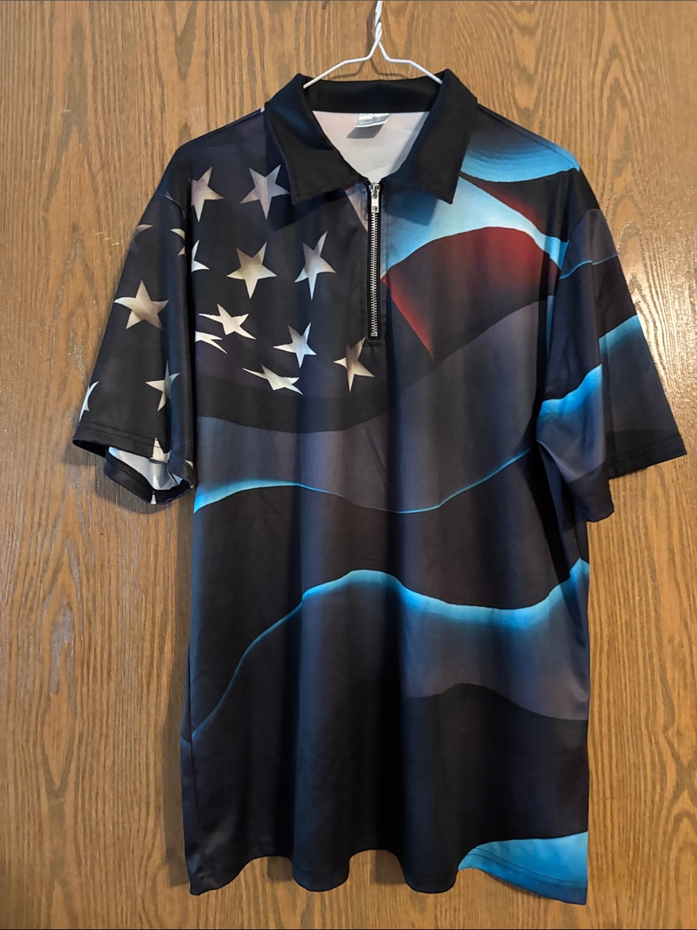 Men's Black & Blue Half-Zip Polo Shirt with Flag Graphic
